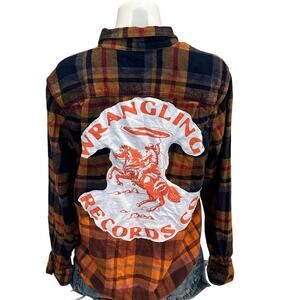Cowboy Rodeo Plaid Flannel Shirt MEDIUM Wrangling Records Cowgirl Unique Western